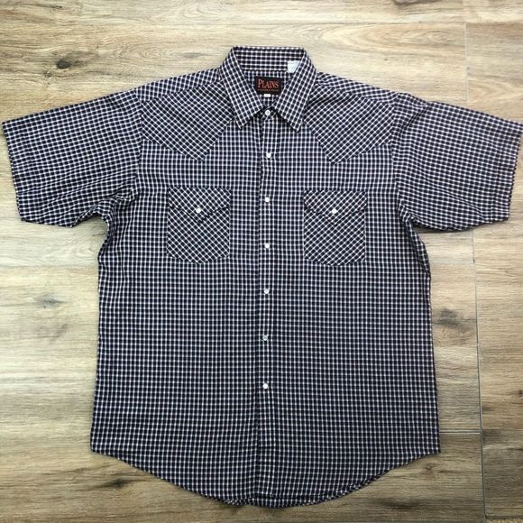 Plains 90s Vintage Western Plaid Short Sleeve Snap Shirt sz L - Picture 2 of 9
